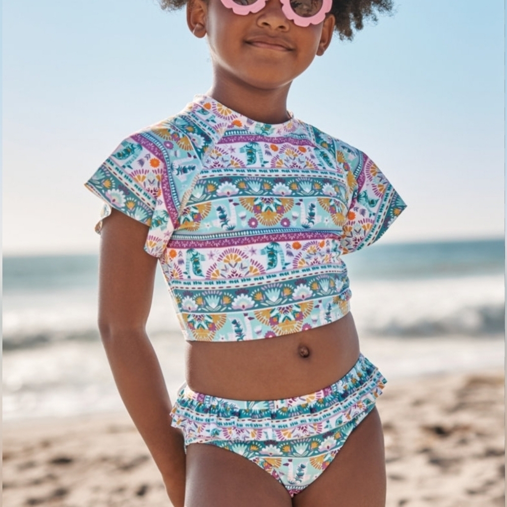 Garnet Hill Tankini Swimsuit Girls Size 10 Ruffle Skirt 2 Piece Set Fish UPF 50